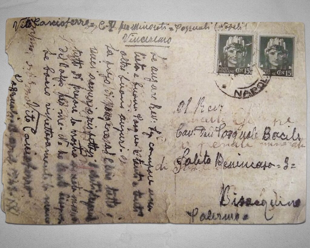 Postcard sent by Vito Cascioferro from Pozzuoli prison to priest Don Pasquale Bacile in Bisacquino. c.1940-42